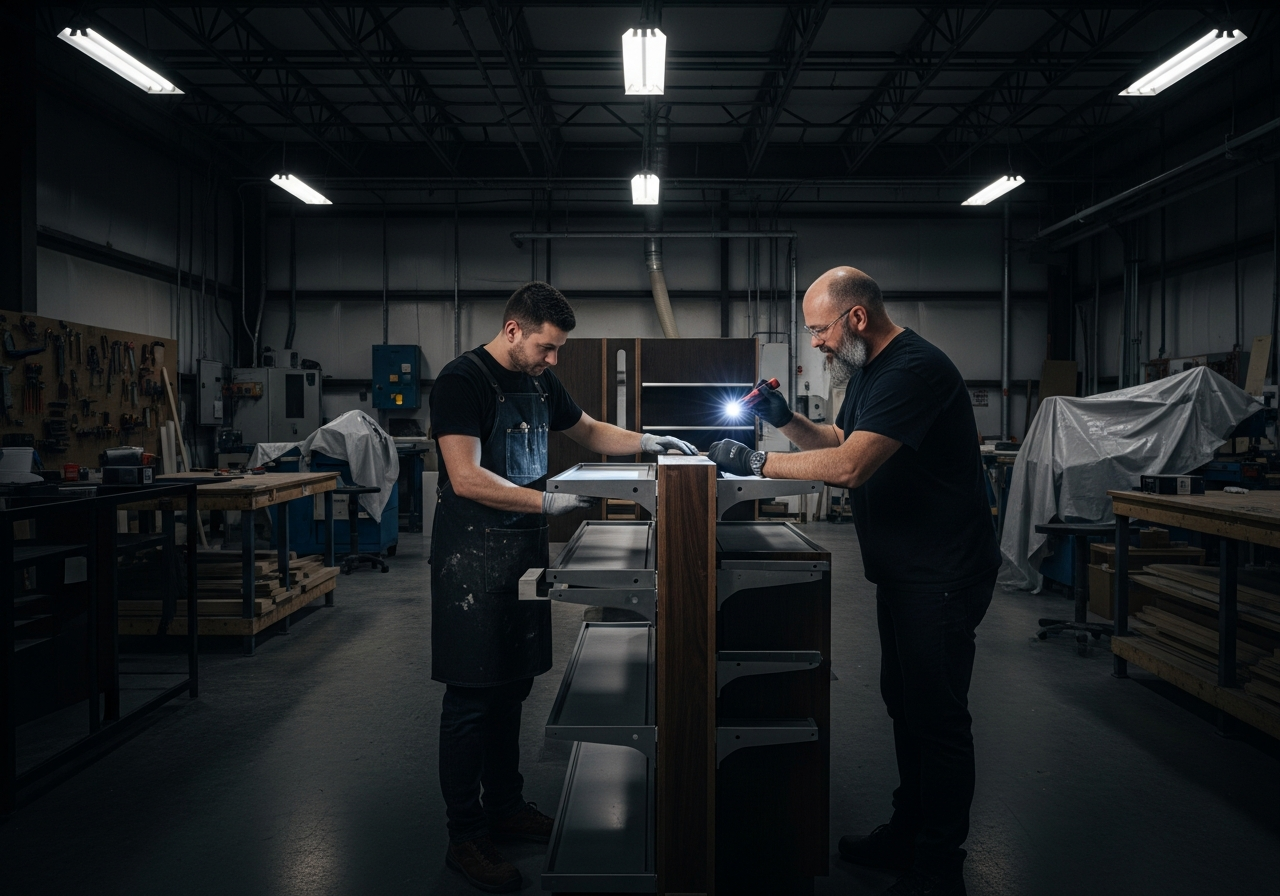 Access Retail Group team inspecting a custom retail display in their Brampton Ontario facility