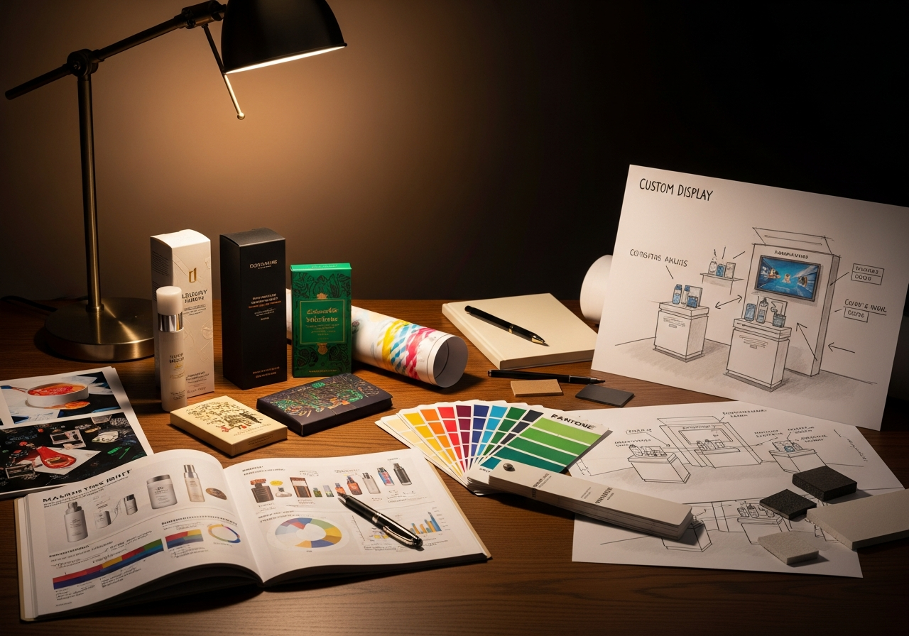 Retail brand manager's desk with Pantone color swatches, product packaging and display design briefs