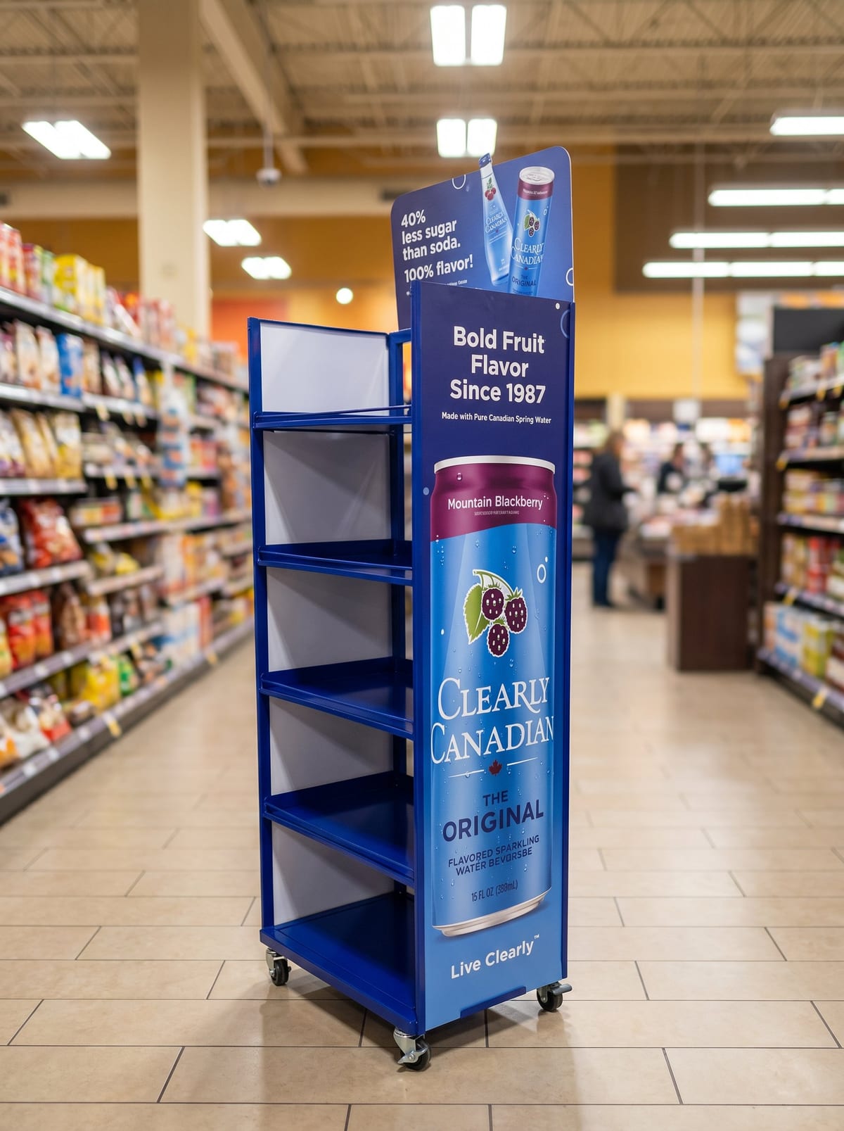 Clearly Canadian branded retail floor display in a grocery store aisle