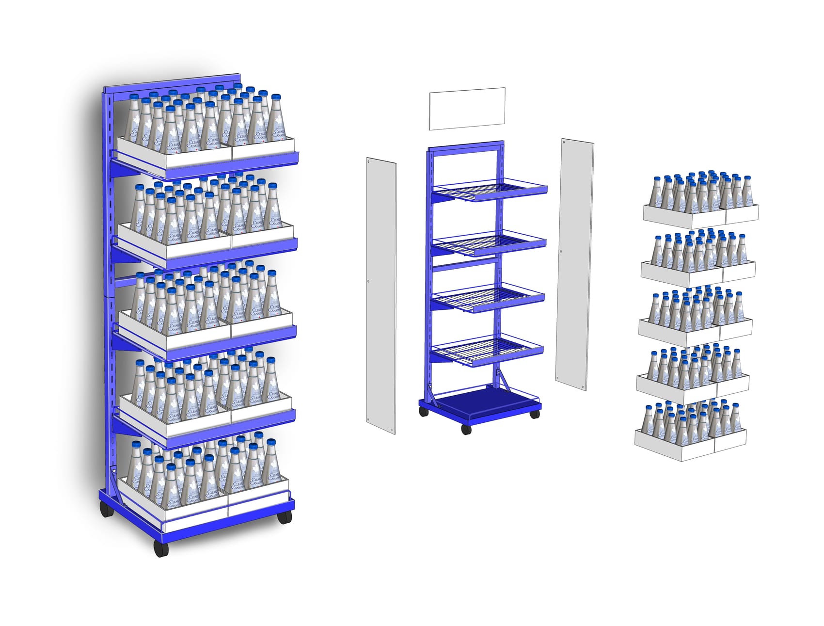 CAD render of the Clearly Canadian display showing the loaded unit, bare frame structure, and shelf trays