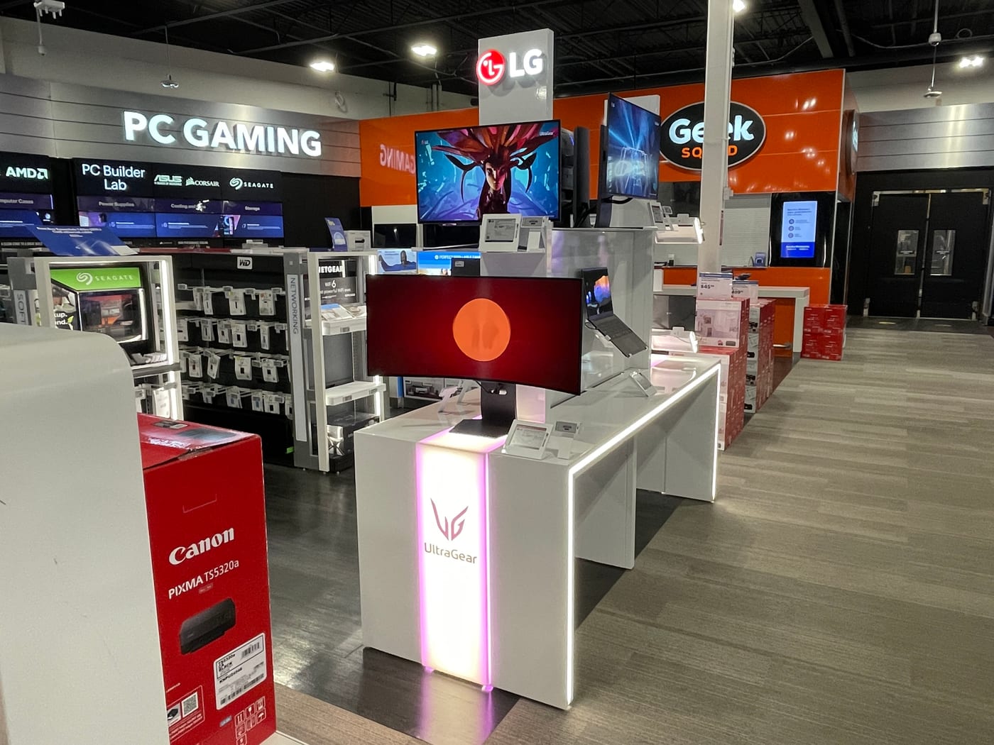 The LG UltraGear display installed in the PC gaming department at Best Buy