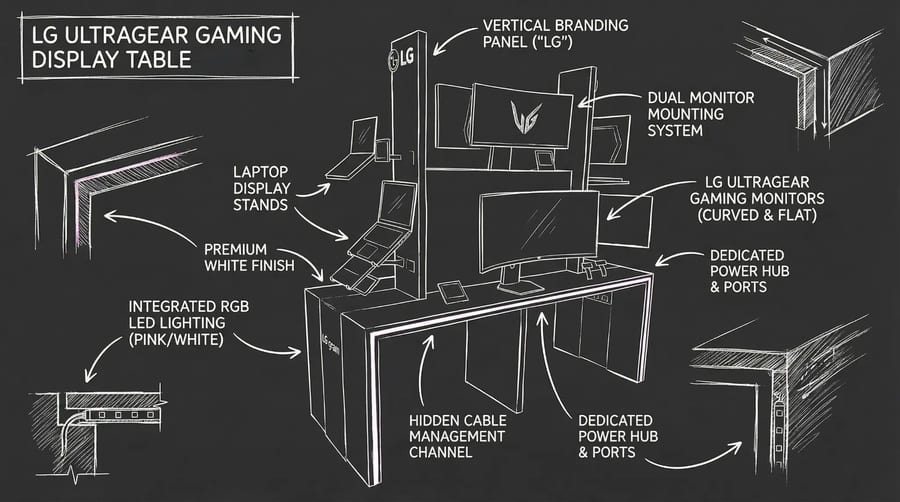 Annotated concept sketch of the LG UltraGear gaming display table showing branding panel, monitor mounts, RGB lighting and cable management