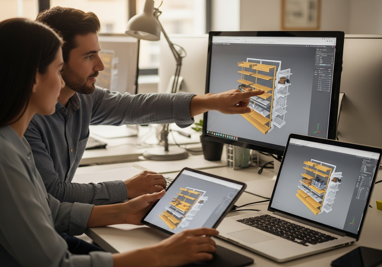 Design team reviewing 3D CAD renderings of a custom retail display